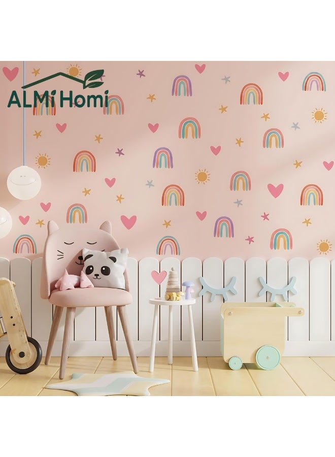 ALMiHomi Rainbow Wall Decor Stickers – 4 Sheets 82pcs Removable Vinyl Decals for Kids – Watercolor Rainbow, Hearts, Stars, and Sun – Cute Peel & Stick Decorations for Girls Bedroom, Nursery, Playroom - Image 1